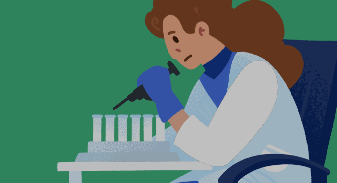 illustration of female scientist at lab bench